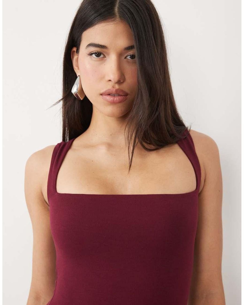 Oh Polly Red Modal Square Neck Bodycon Midi Dress