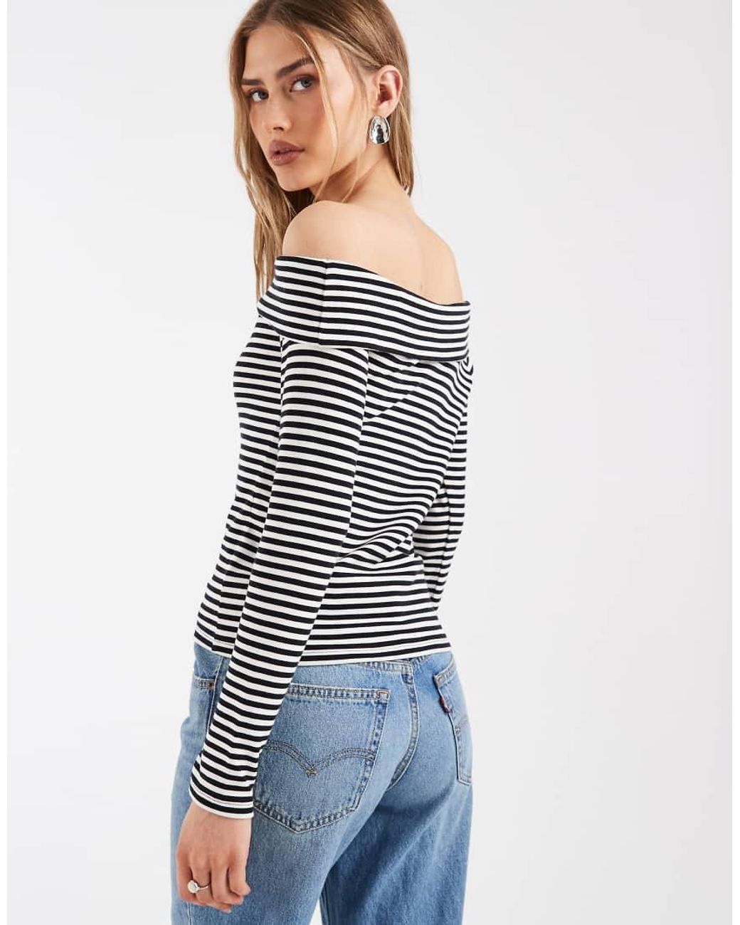 Levi's Blue Clara Off The Shoulder Asymmetric Striped Jumper