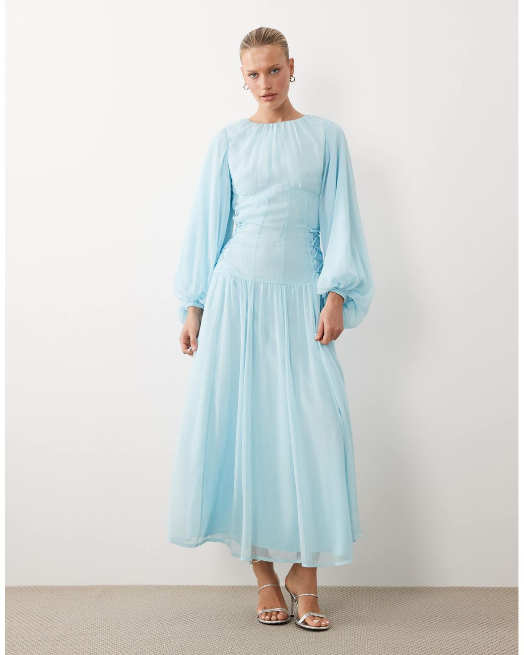 ASOS Long Sleeve Chiffon Tie Detail Maxi Dress in Blue
