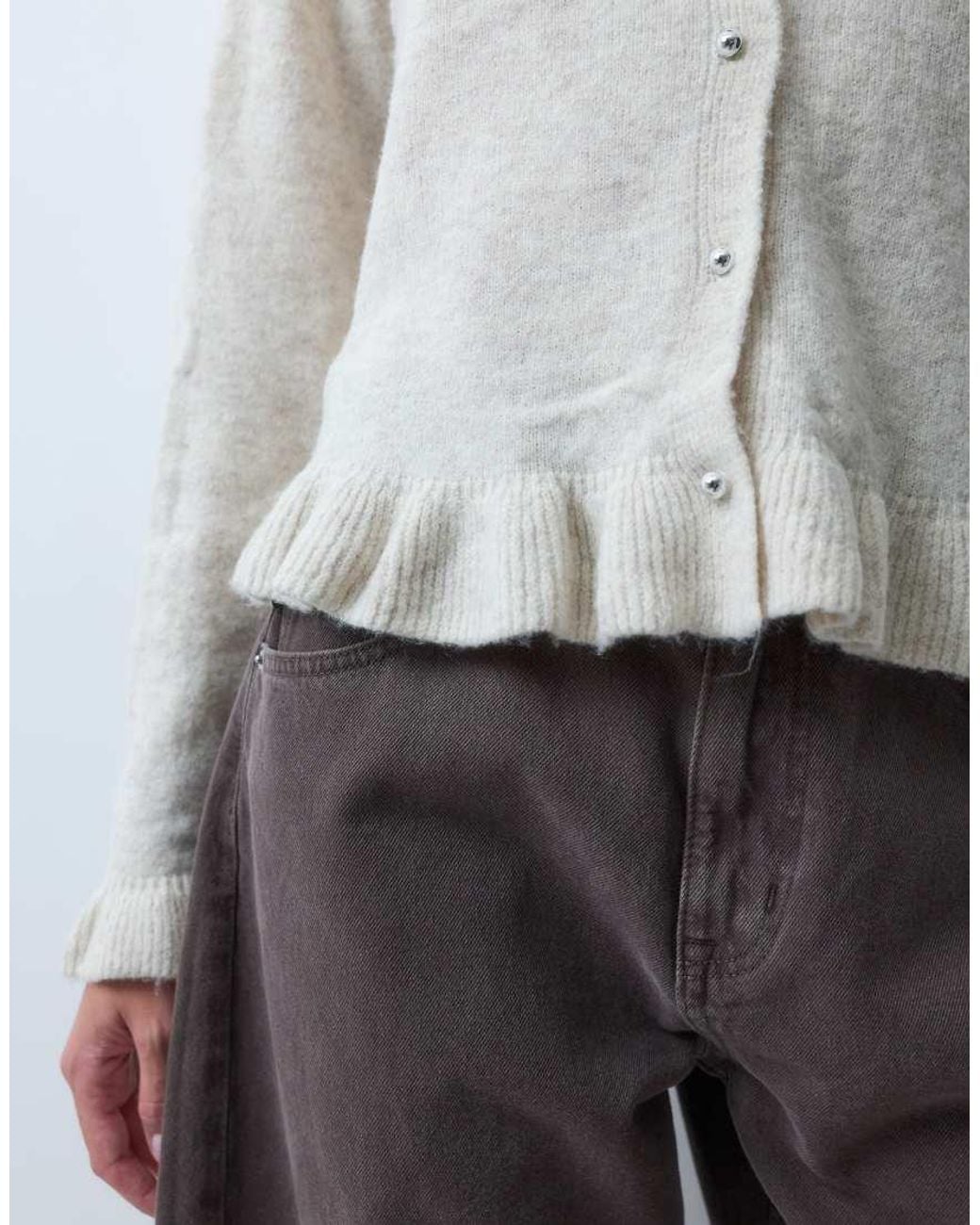 Pieces Gray Frill Cuff Button Detail Cardigan
