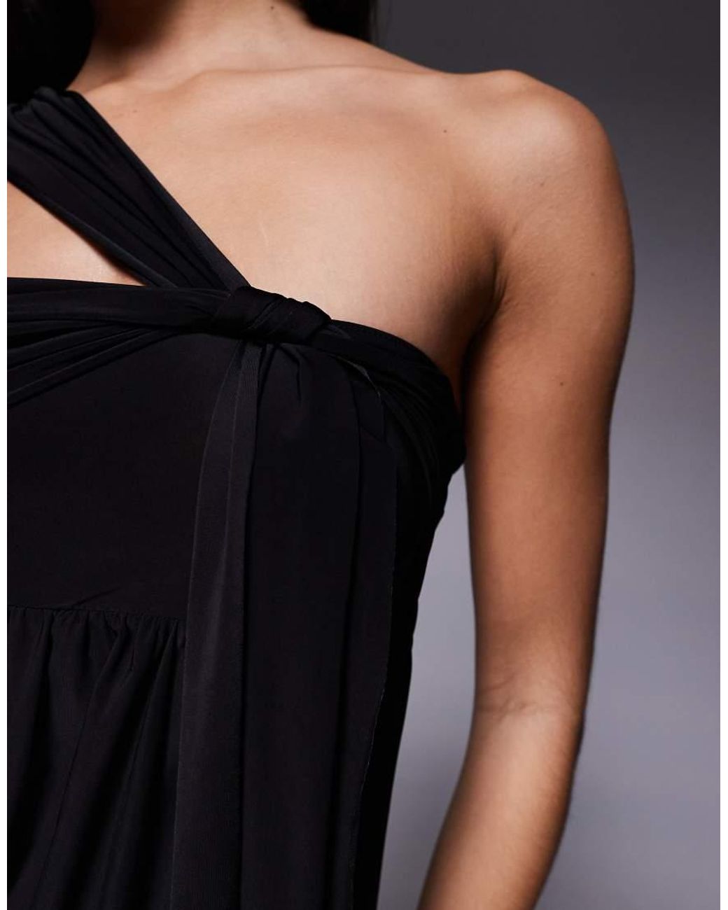 Fashionkilla Black Exclusive Double Sculpted Slinky Asymmetric Knot Strap Fold Over Mini Dress
