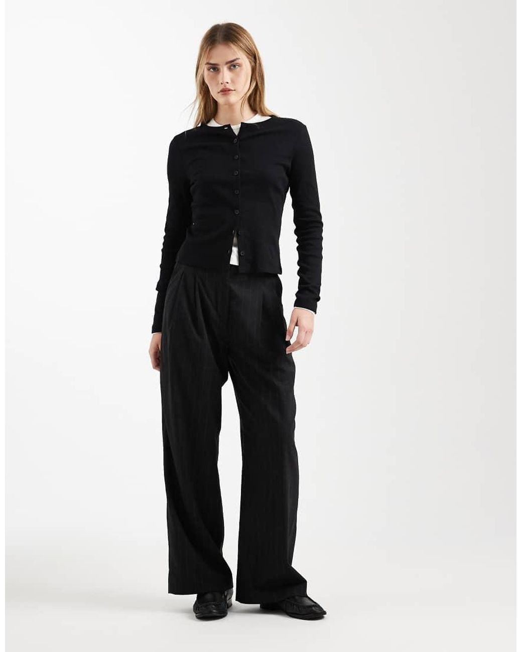 ASOS Black Cotton Rib Crew Neck Button Through Top