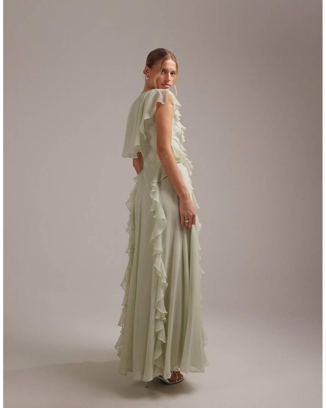 ASOS Gray Bridesmaids Wrap Front Ruffle Maxi Dress