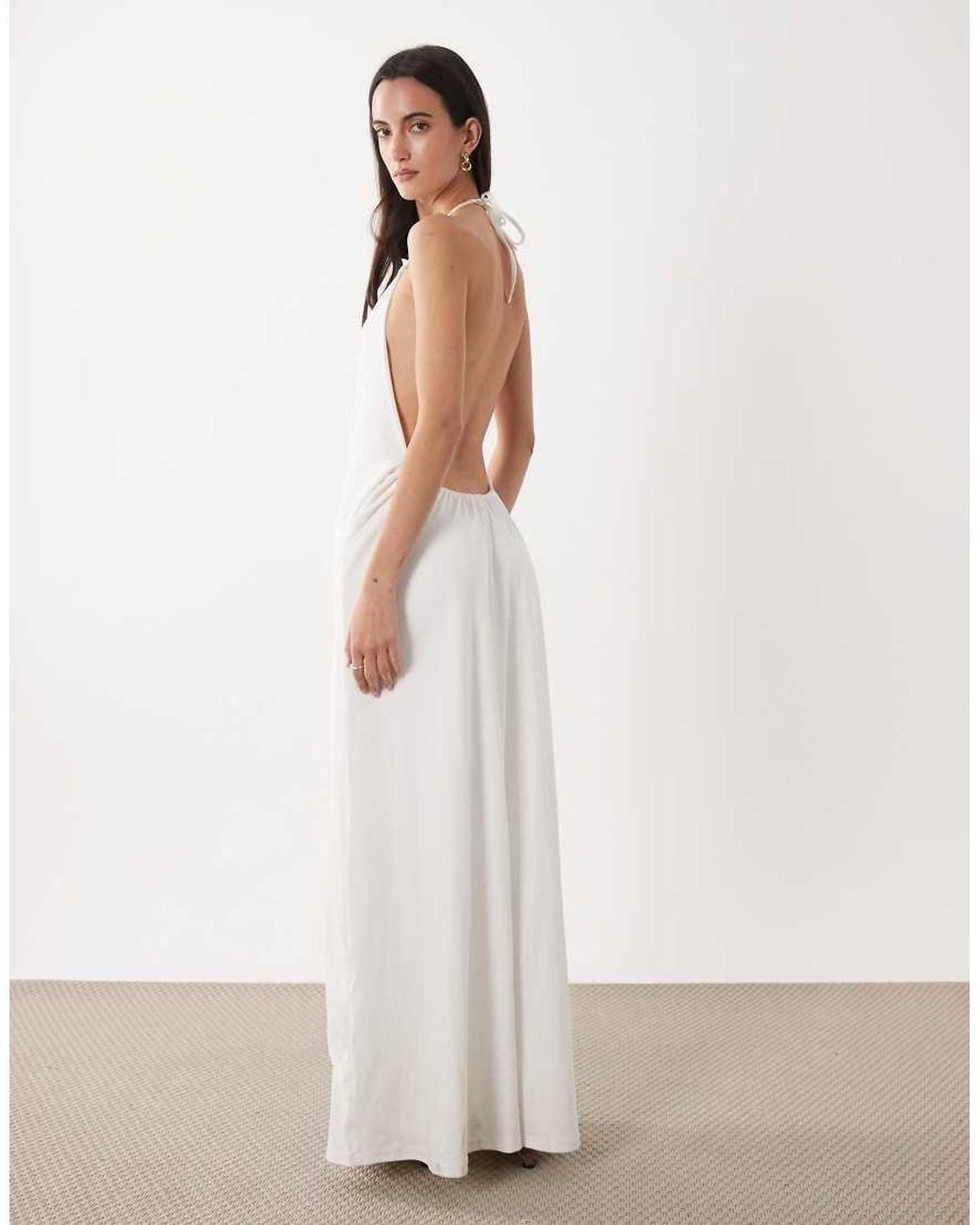 SNDY'S White Cotton Blend Halterneck Low Back Side Drape Detail Maxi Dress
