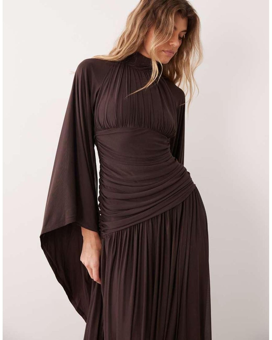 ASOS Brown Mesh High Neck Modesty Maxi Dress With Waterfall Sleeve Detail