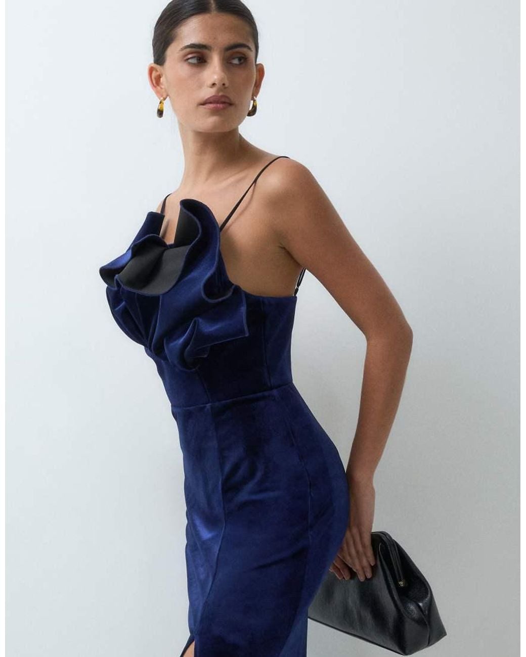 ASOS Blue Velvet Structured Neck Detail Maxi Dress With Split