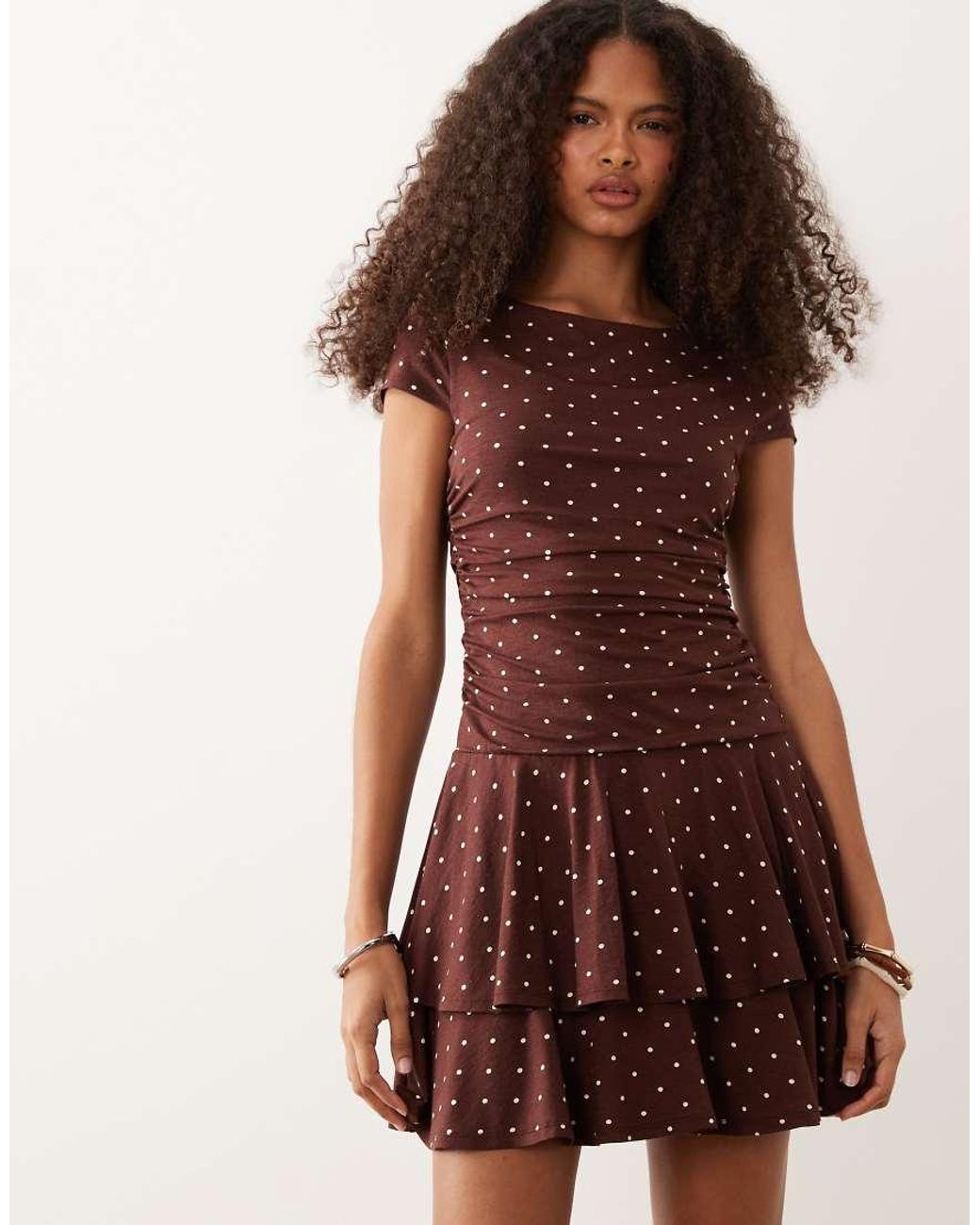 Nobody's Child Natural Yuki Stretch Cap Sleeve Tiered Skirt Mini Dress