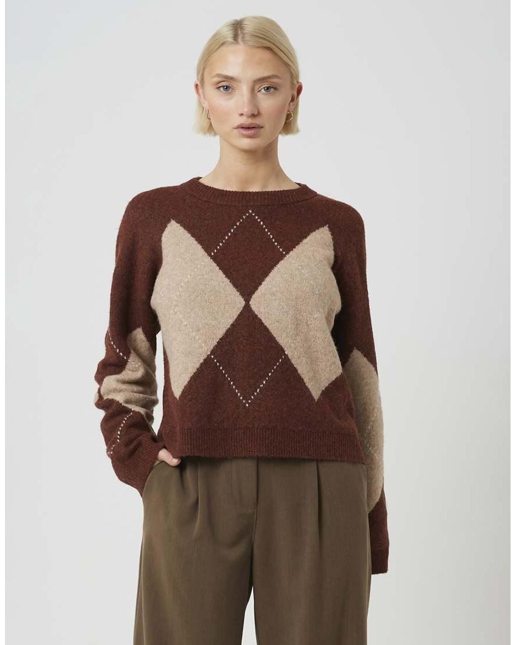 Brave Soul Brown Argyle Crew Neck Jumper
