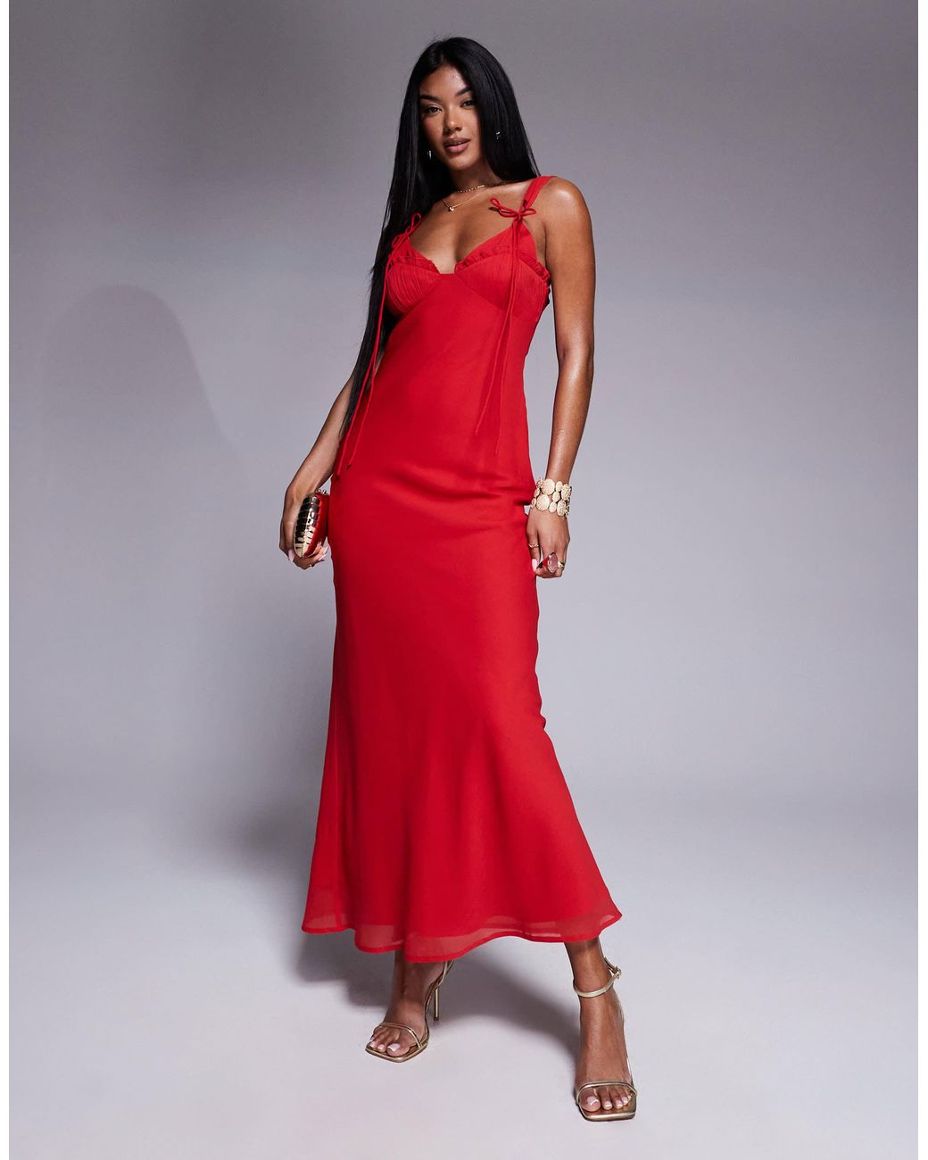 ASOS Tie Detail Corset Bias Maxi Dress With Frills in Red | Lyst