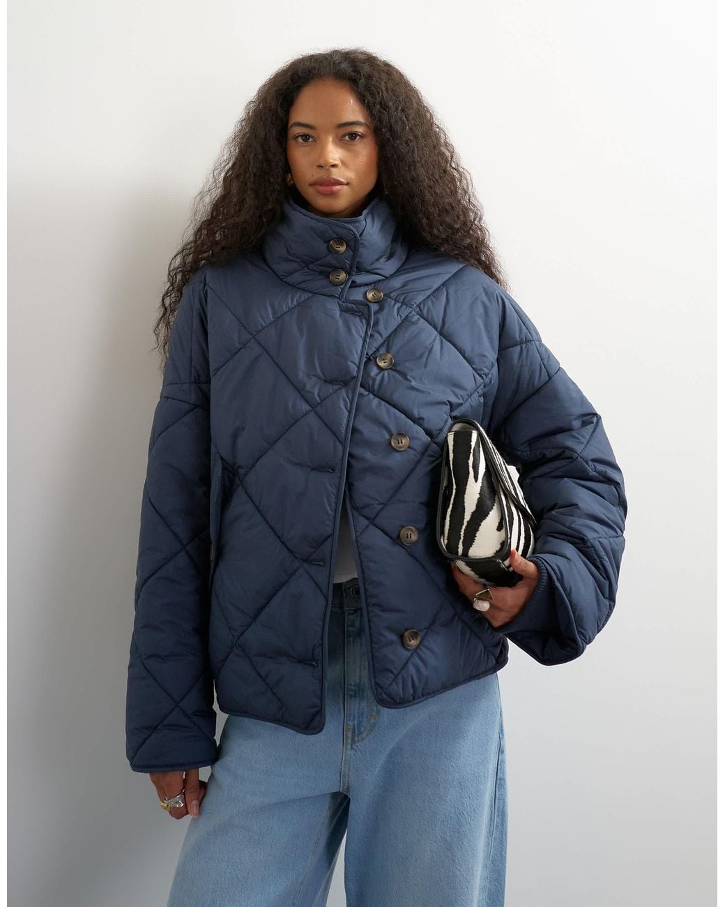 TOPSHOP Blue Quilted Button Through Puffer Jacket