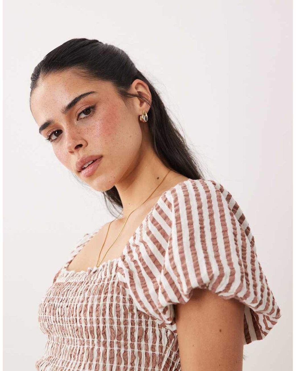 New Look Natural Stripe Shirred Top