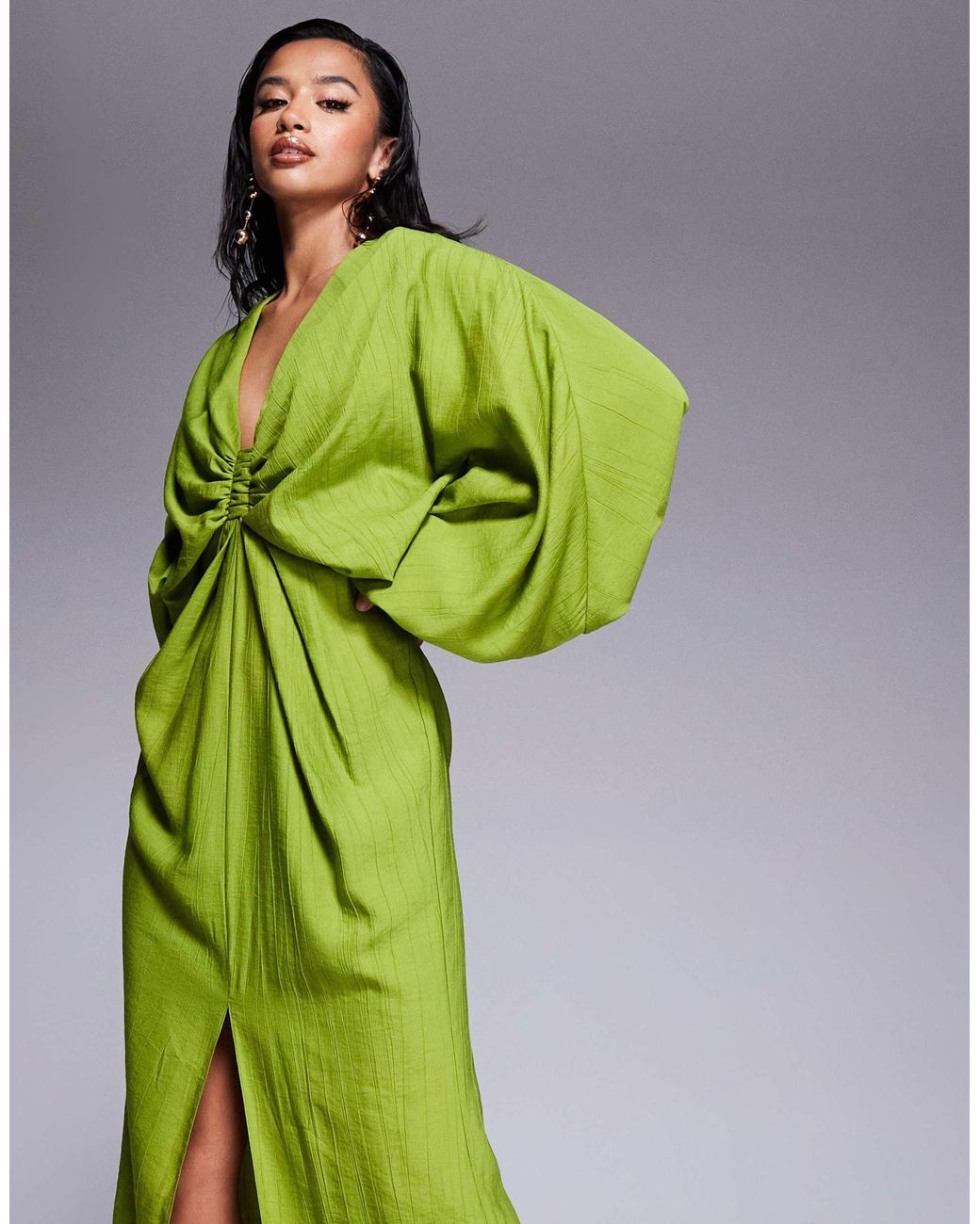 asos green wrap dress ASOS DESIGN twist detail wrap front pleated maxi dress in green watercolor print