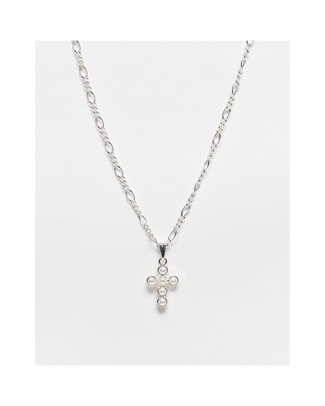 ASOS Necklace Figaro Chain With Faux Pearl Cross Pendant in Metallic for  Men | Lyst UK
