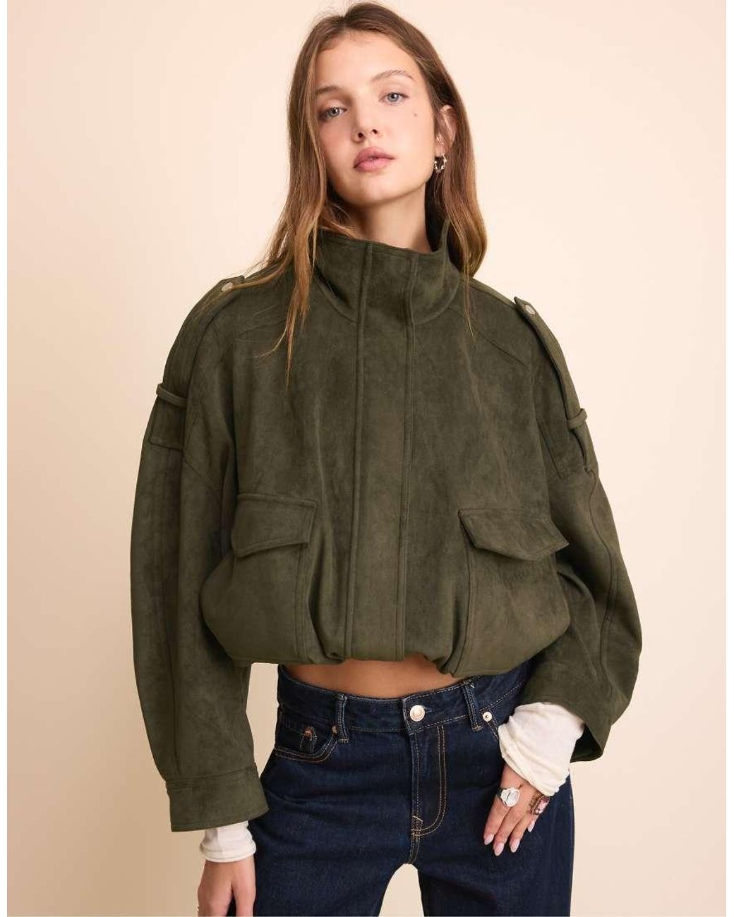 Stradivarius Green Oversize Faux Suede Jacket