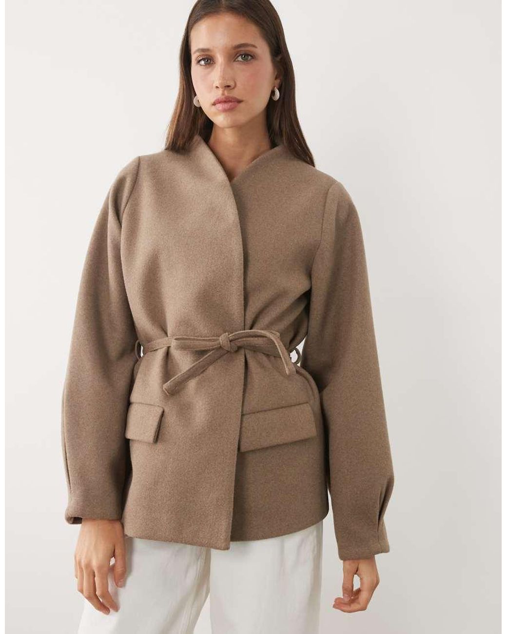 Threadbare White Mock Wool Collarless Belted Blazer