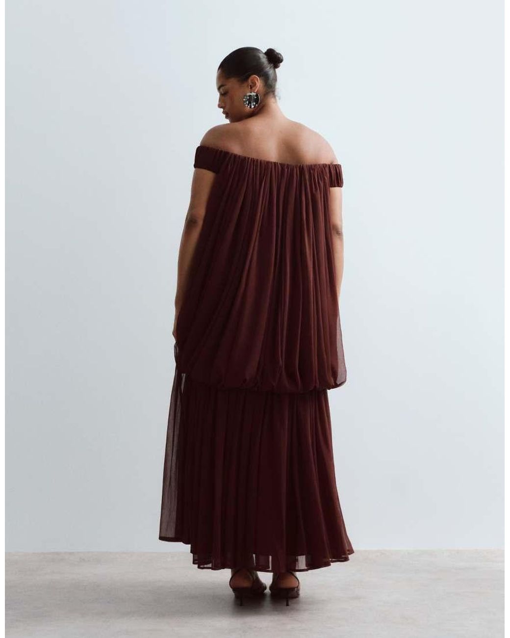 ARRANGE Brown Curve Trapeze Bardot Maxi Dress With Cape Back