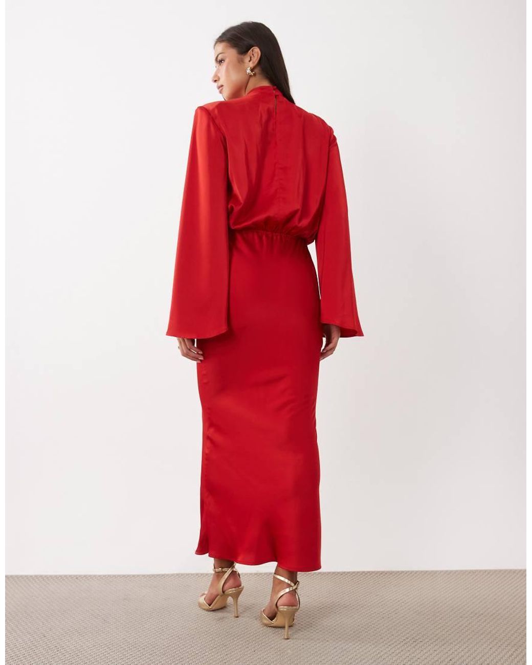 Kaiia Red Exclusive Satin High Neck Fold Over Detail Wide Sleeve Fishtail Hem Maxi Dress