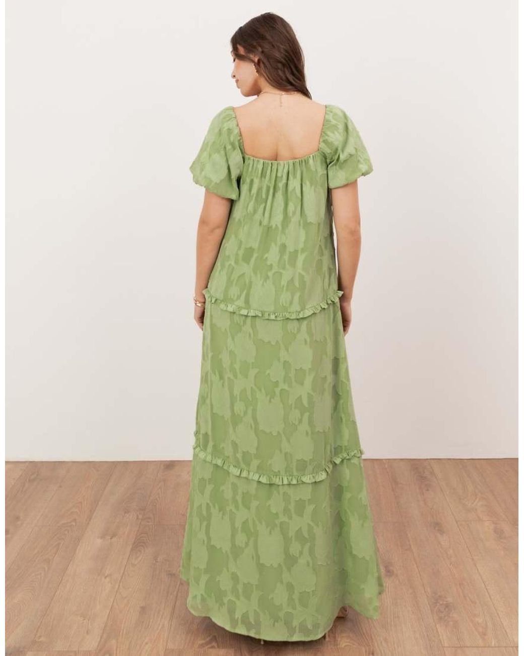 ANAYA Green Floral Burnout Short Sleeve Tiered Maxi Dress