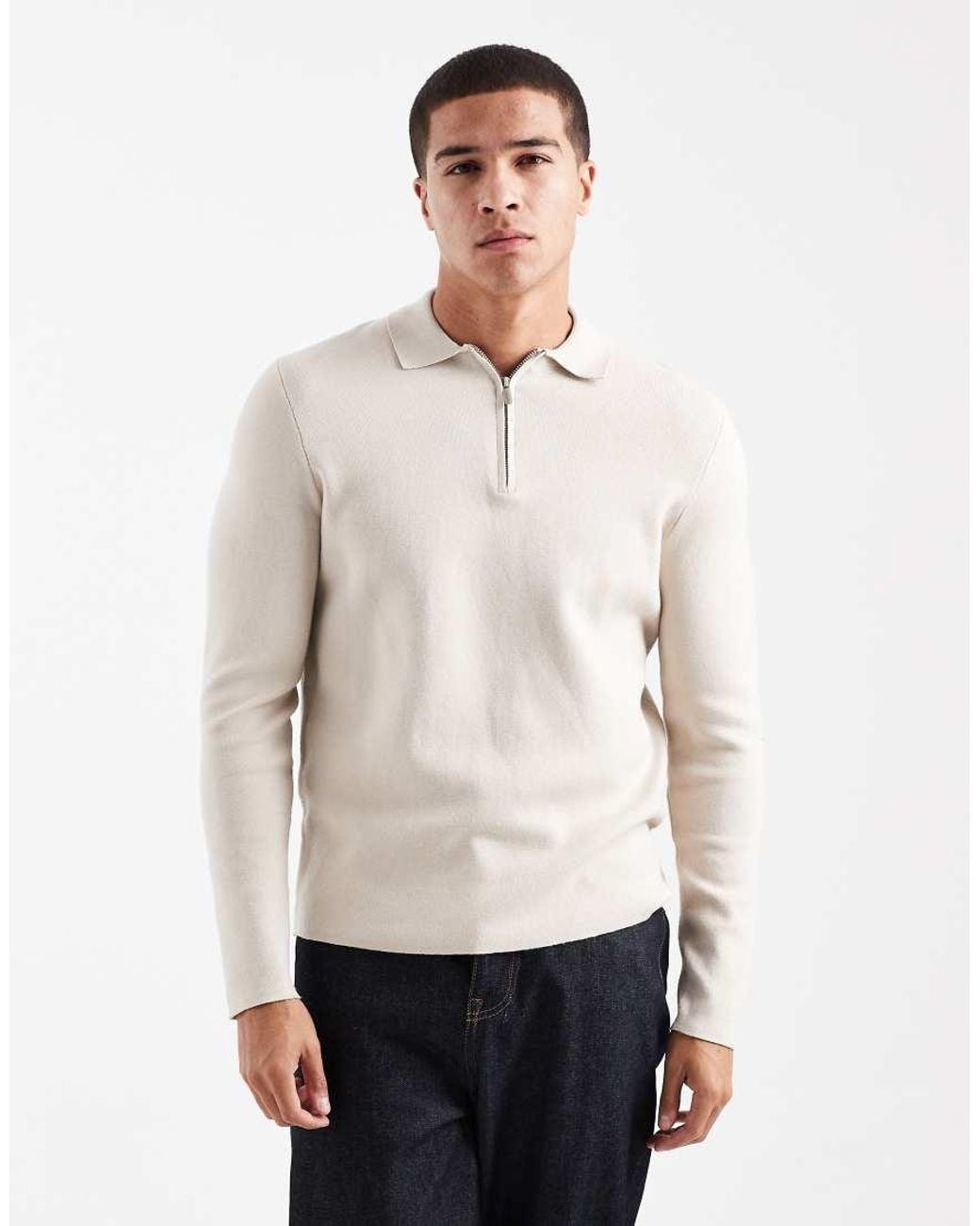 Only & Sons White Knitted Half Zip Polo Top for men