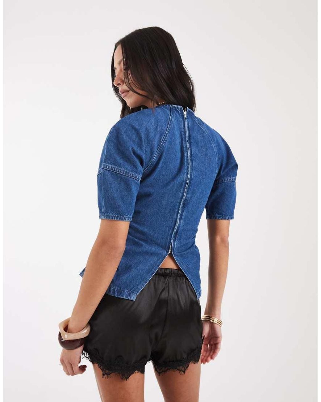 ASOS Blue Cinched Waist Denim Top Cocoon Sleeve