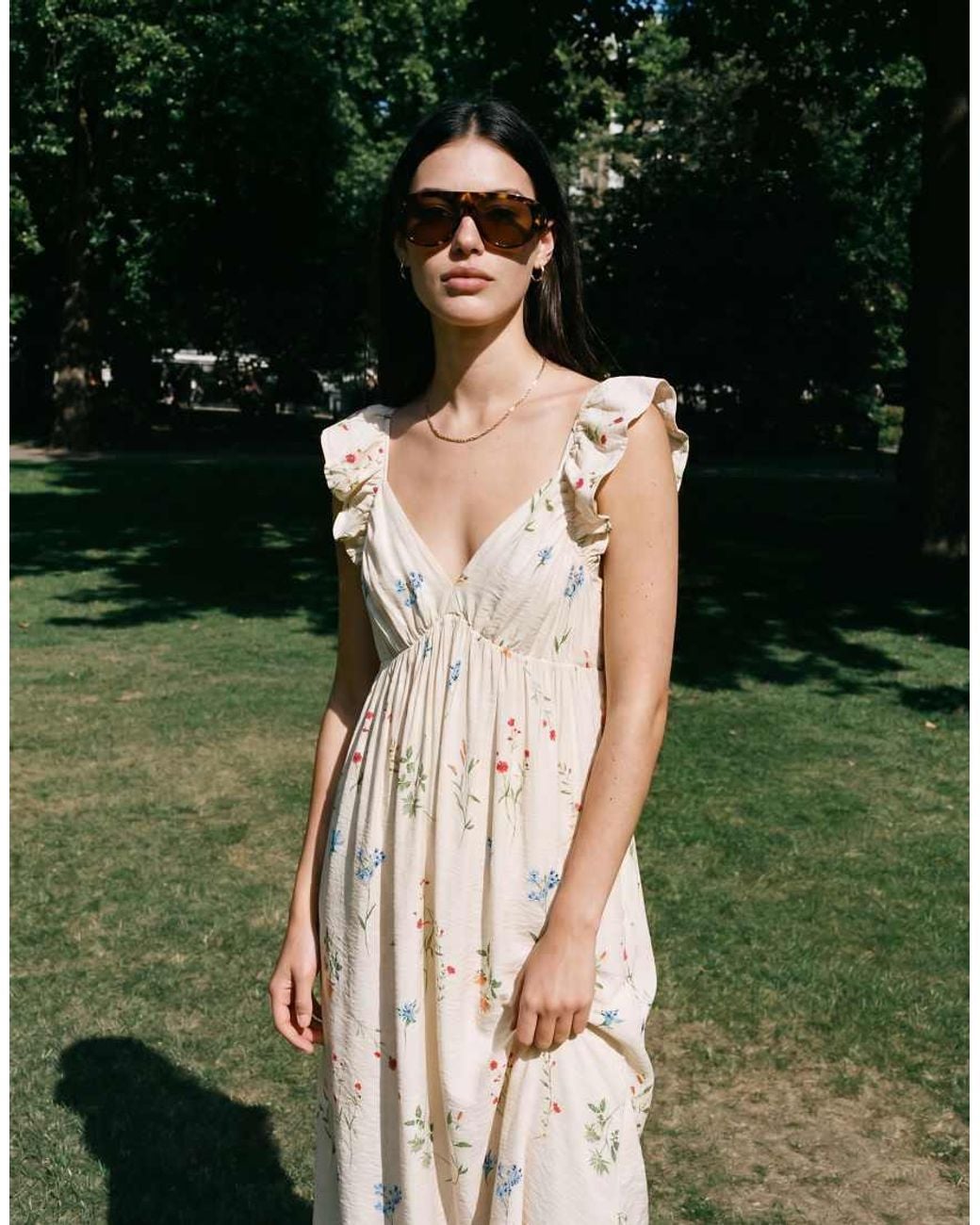 Vero Moda Natural Ruffle Shoulder V Neck Maxi Dress