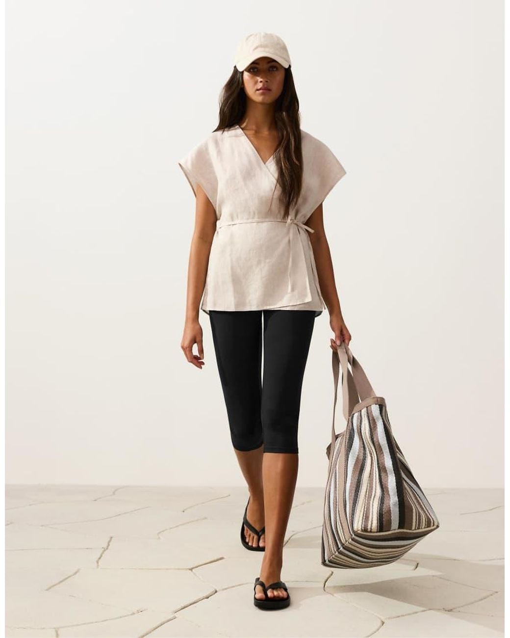 Oysho Natural 100% Linen Wrap Tie Shirt