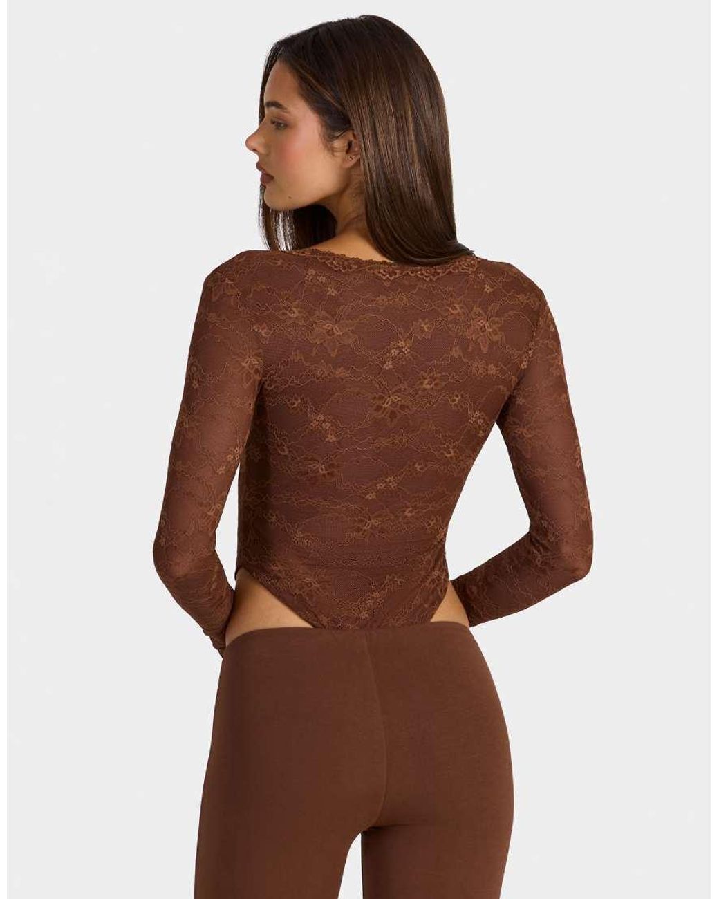 Oh Polly Brown Lace Plunge Neck Long Sleeve Bodysuit