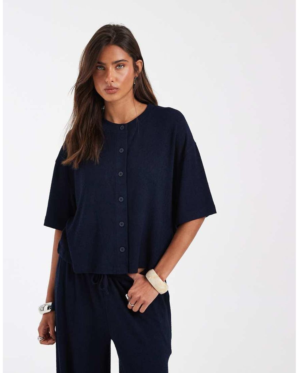 ASOS Blue Textured Knit Boxy Crop Button Down Top