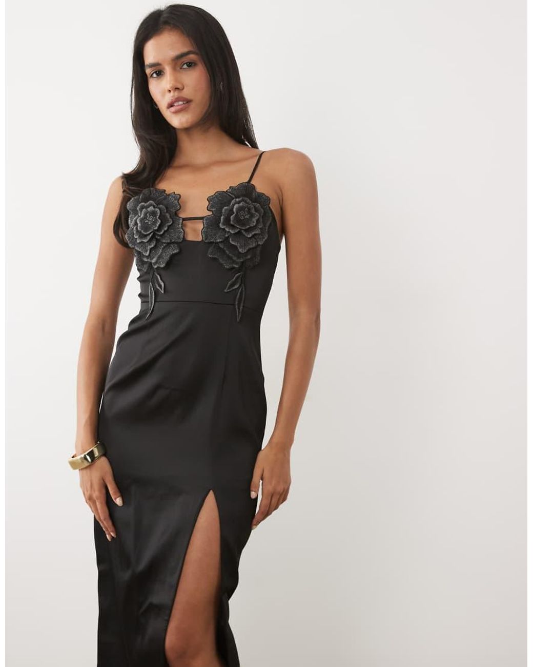 JW PEI Black 3D Floral Appliques Thigh-High Side Slit Maxi Dress