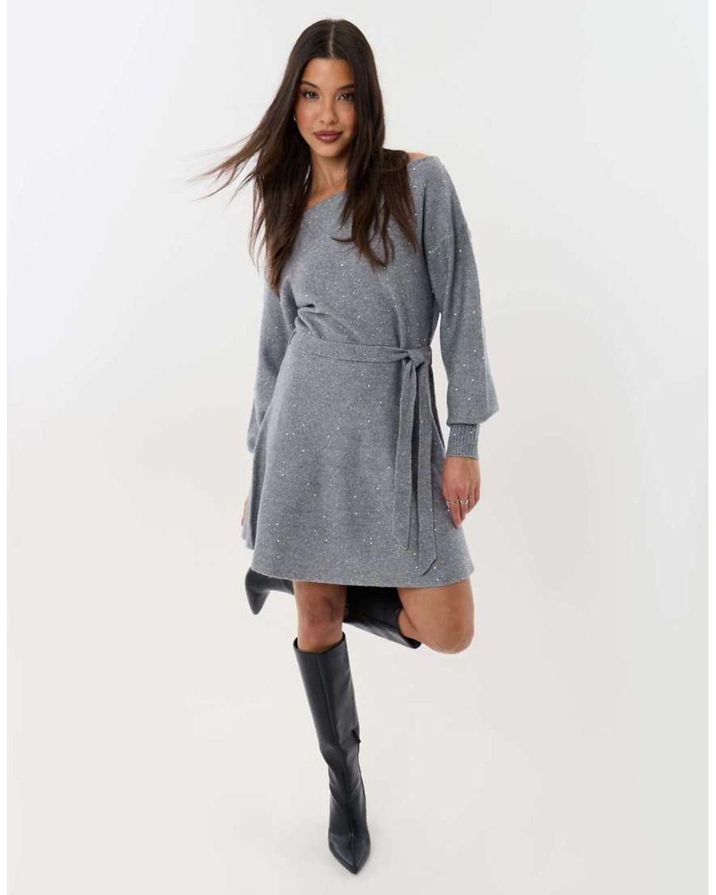 Threadbare Gray Knitted Sequin Slash Neck Mini Dress