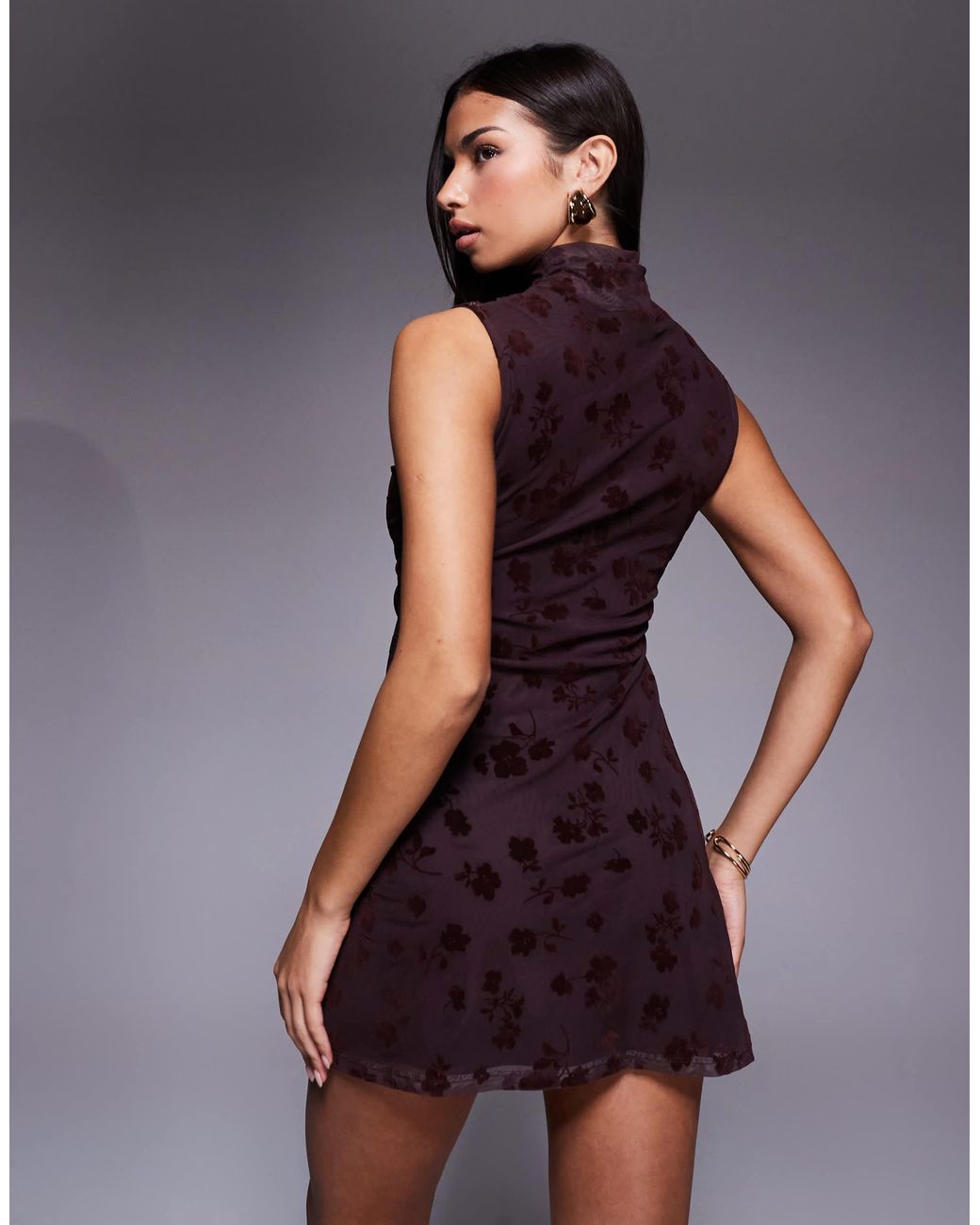ASOS Flocked Floral Sleeveless Ruched Side Mini Dress With Grown On Neck in  Purple | Lyst