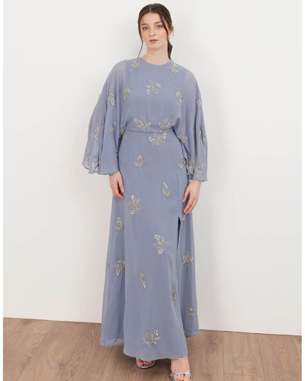 Maya Blue Floral Embellished Cape Sleeve Maxi Dress