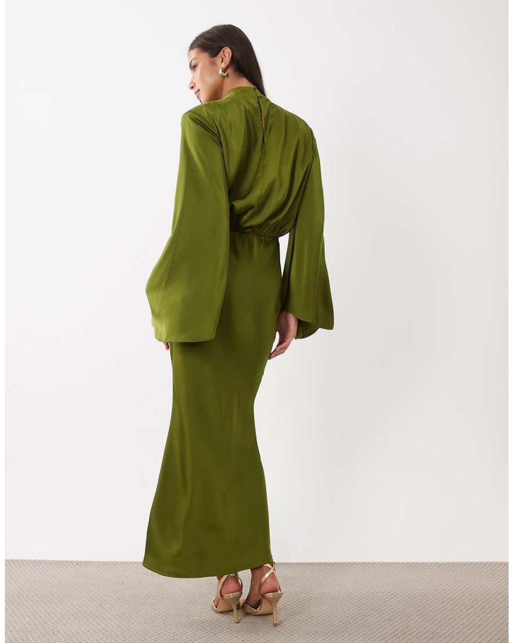 Kaiia Green Exclusive Satin High Neck Fold Over Detail Wide Sleeve Fishtail Hem Maxi Dress