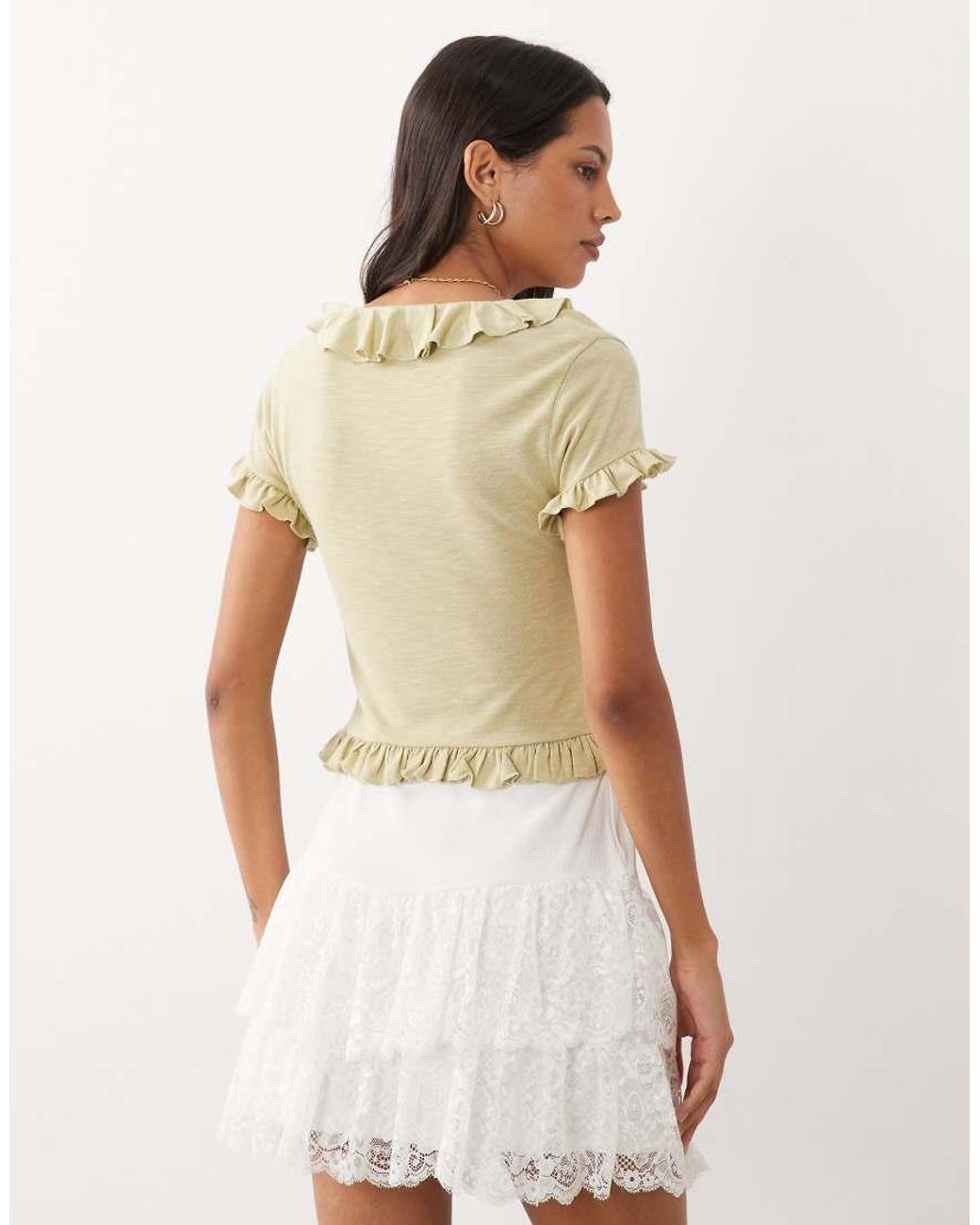 Miss Selfridge Natural V-Neck Button Through Ruffle Top