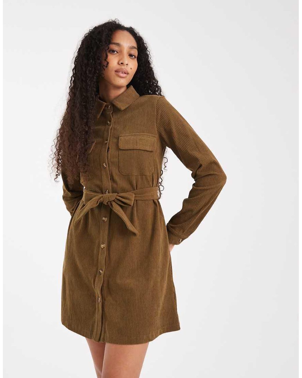 Threadbare Brown Cord Button Through Shirt Dress