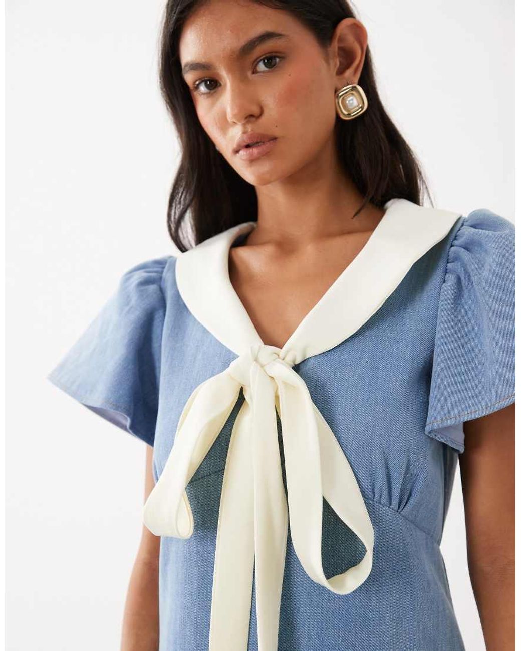 Sister Jane Blue Kasos Cotton Denim Bow Detail Short Sleeve Mini Dress