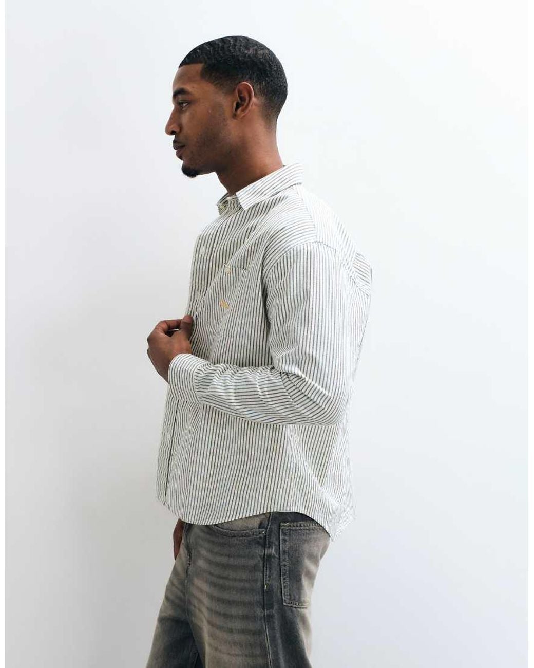 BLKVIS White Script Logo Heavy Weight Long Sleeve Stripe Shirt for men