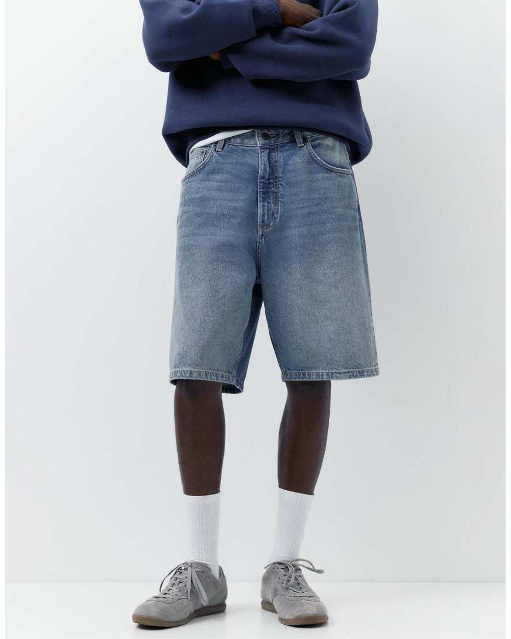 Pull&Bear Blue Baggy Denim Bermuda Shorts for men