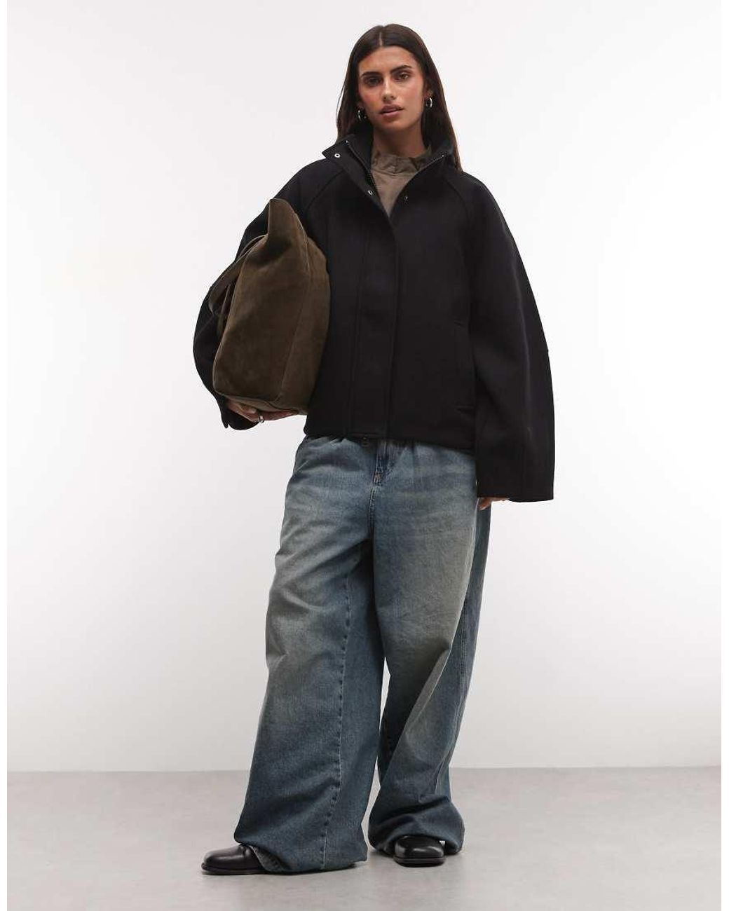 Weekday Black Wool Blend Jacket With Funnel Neck Collar