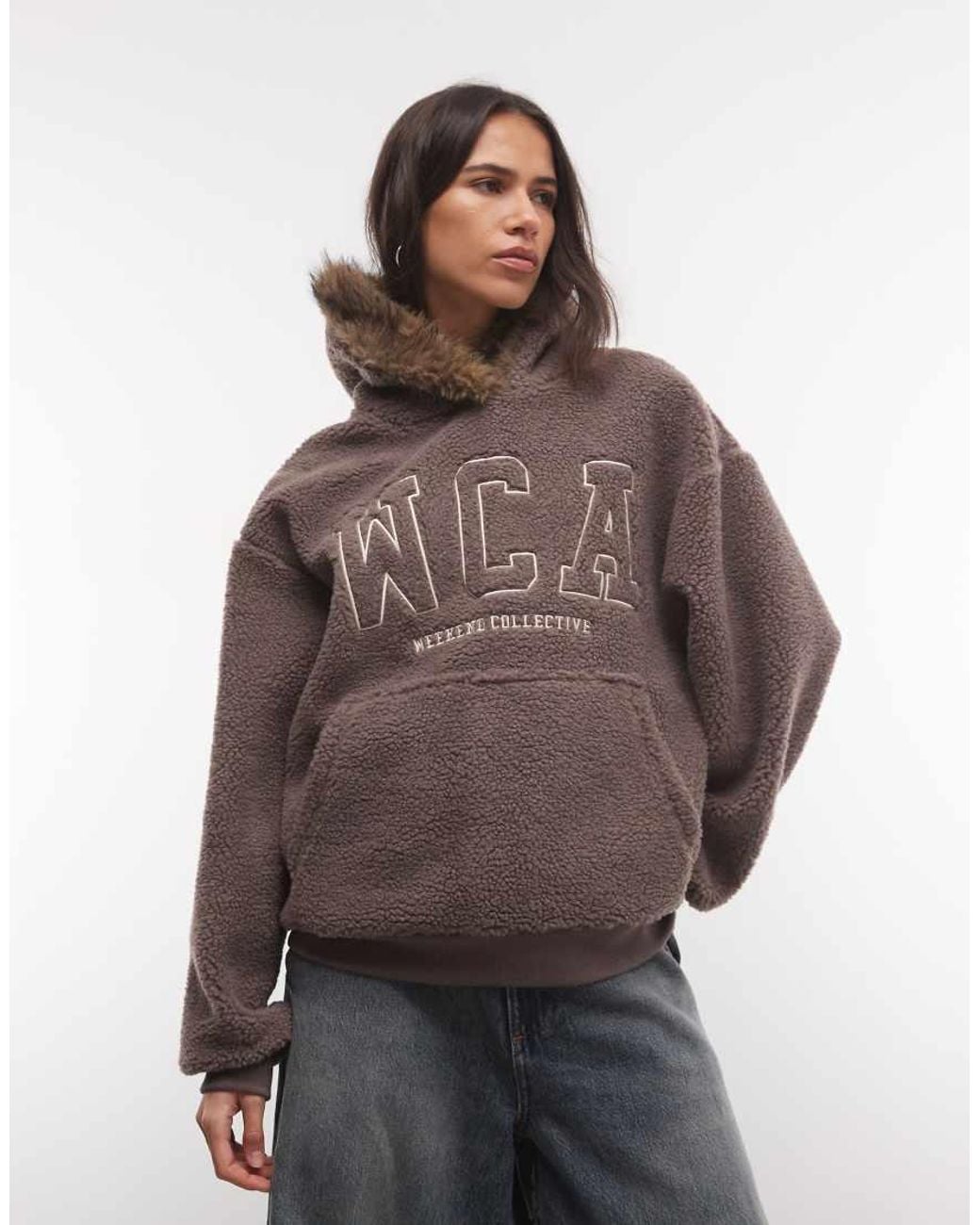 ASOS Gray Weekend Collective Oversized Borg Hoodie With Fur Trim Hood