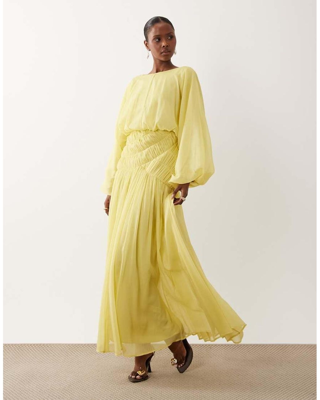 ASOS Yellow Long Sleeve Blouson Maxi Dress With Gauged Ruched Waist Detail