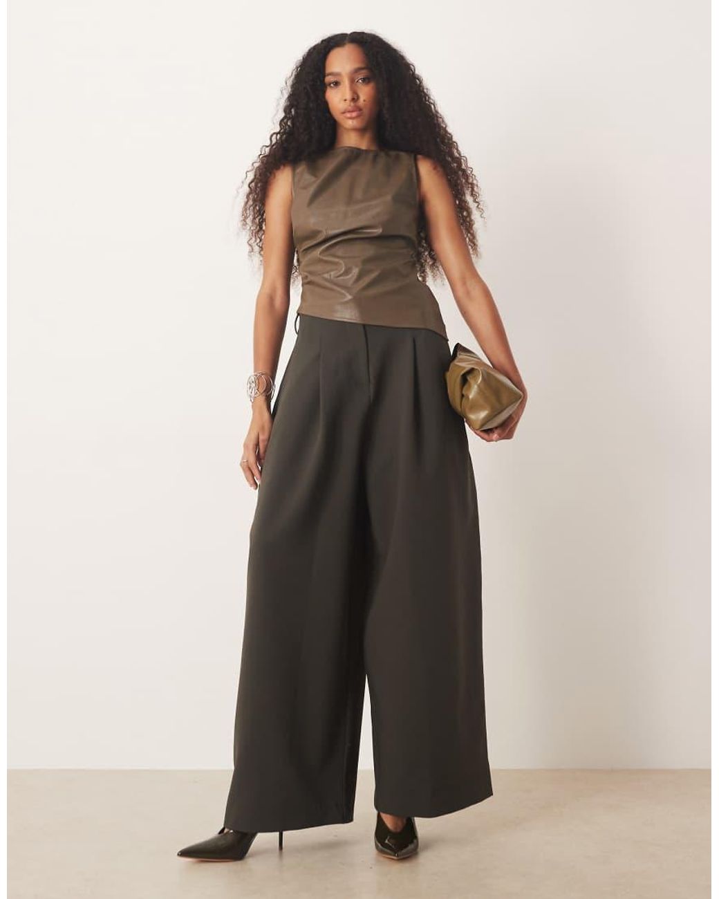 Pretty Lavish Green Leather Look Sleeveless Asymmetric Hem Top