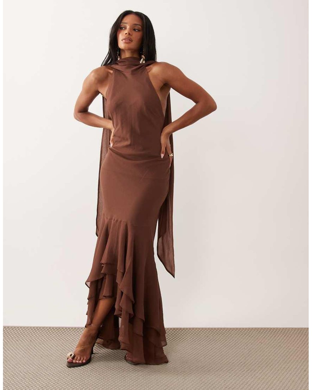 ASOS Brown Halter Maxi Dress With Scarf Detail And Ruffle Hem