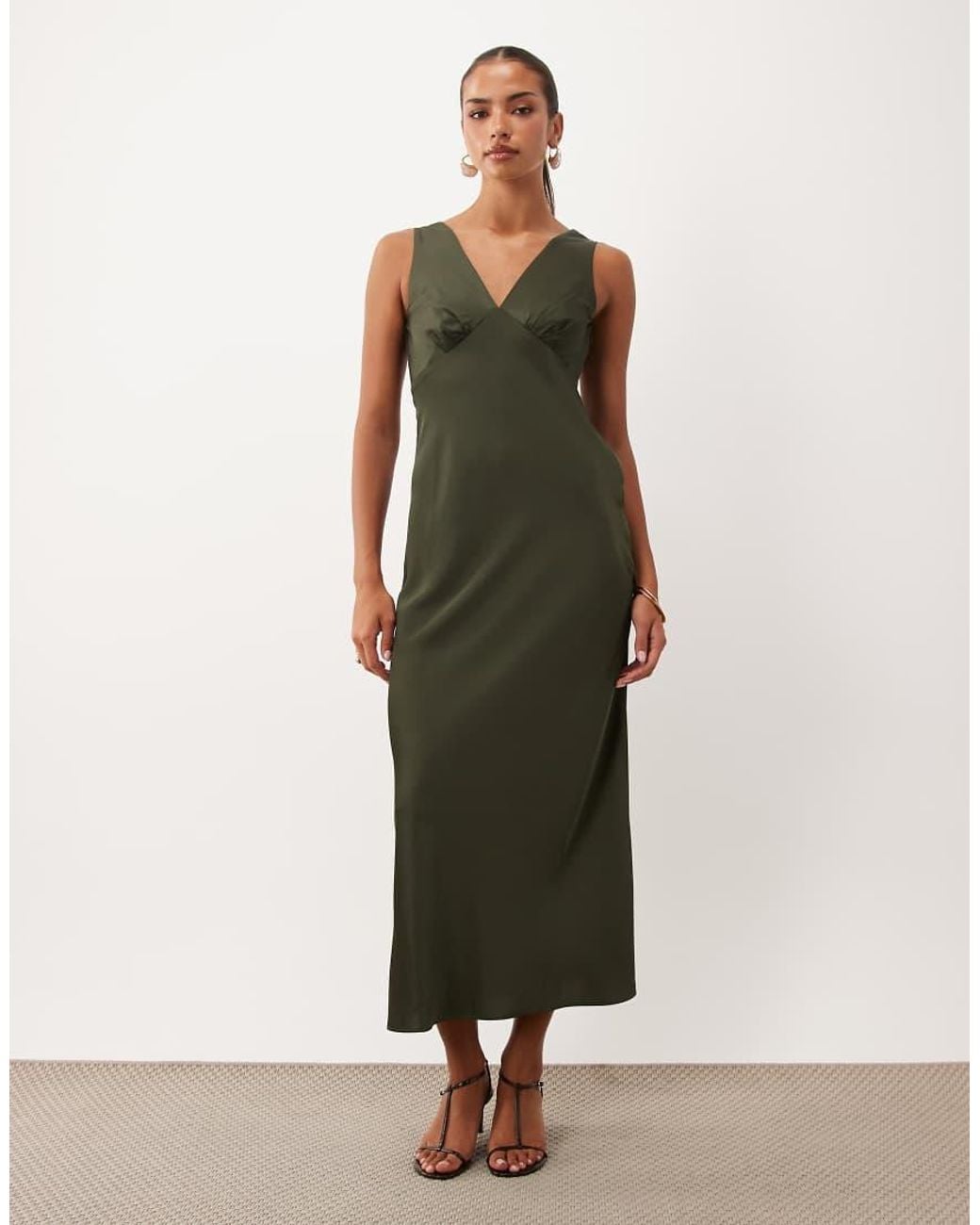 Nobody's Child Natural Joey Satin Plunge Neck Slip Midi Dress