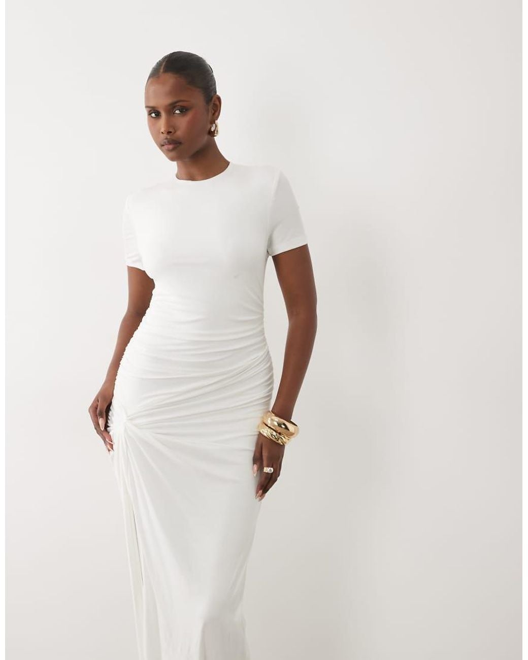 Ruched & Ready Natural Miss Me Yet Sculpted Jersey Knot Waist Detail T-shirt Maxi Dress