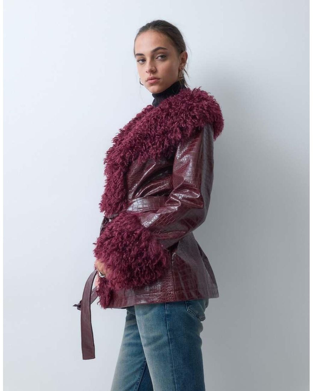 Reclaimed Vintage Multicolor Faux Croc Cropped Trench Coat With Faux Fur Collar