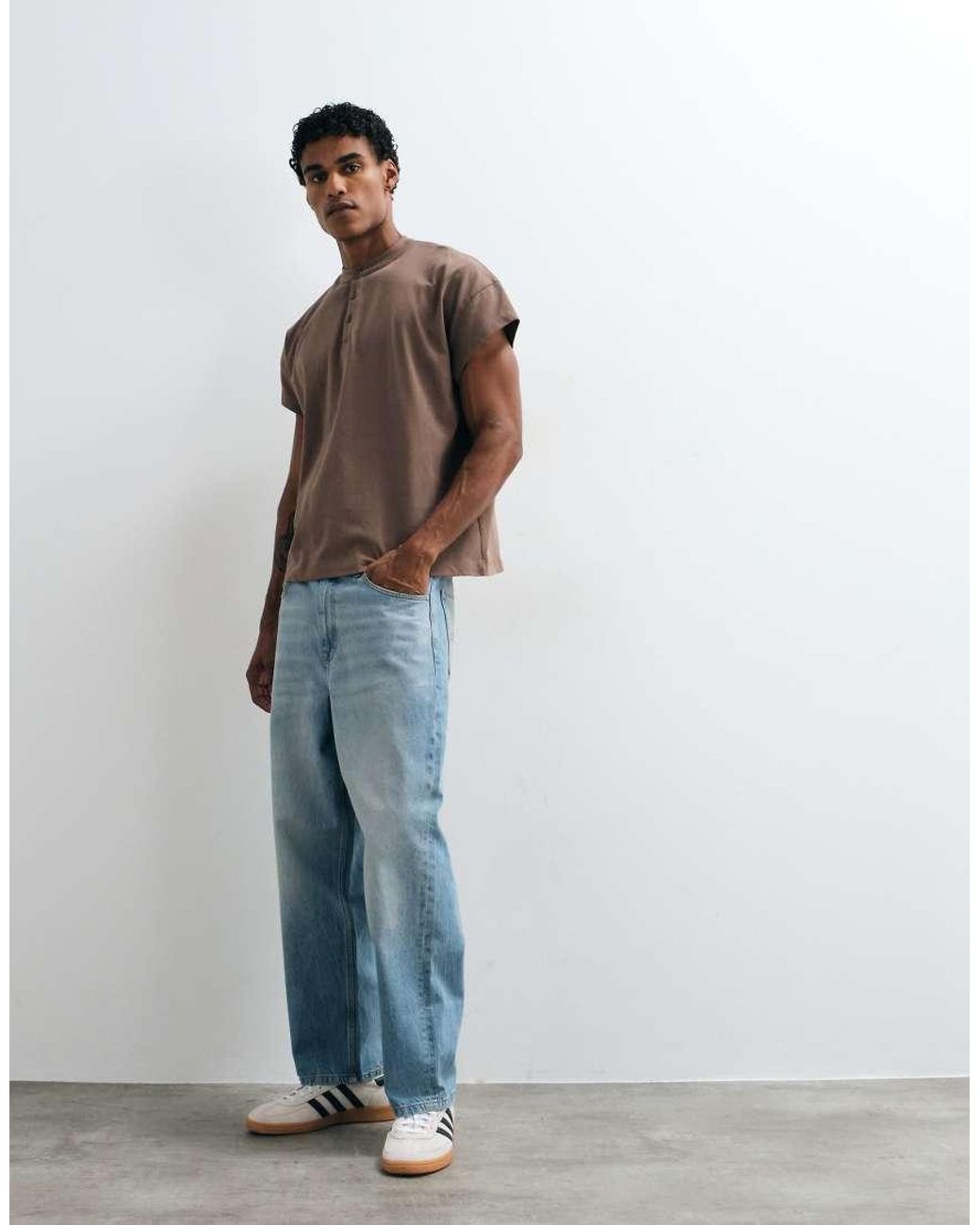 ASOS Brown Heavyweight Boxy Oversized Henley T-shirt With Cap Sleeve for men