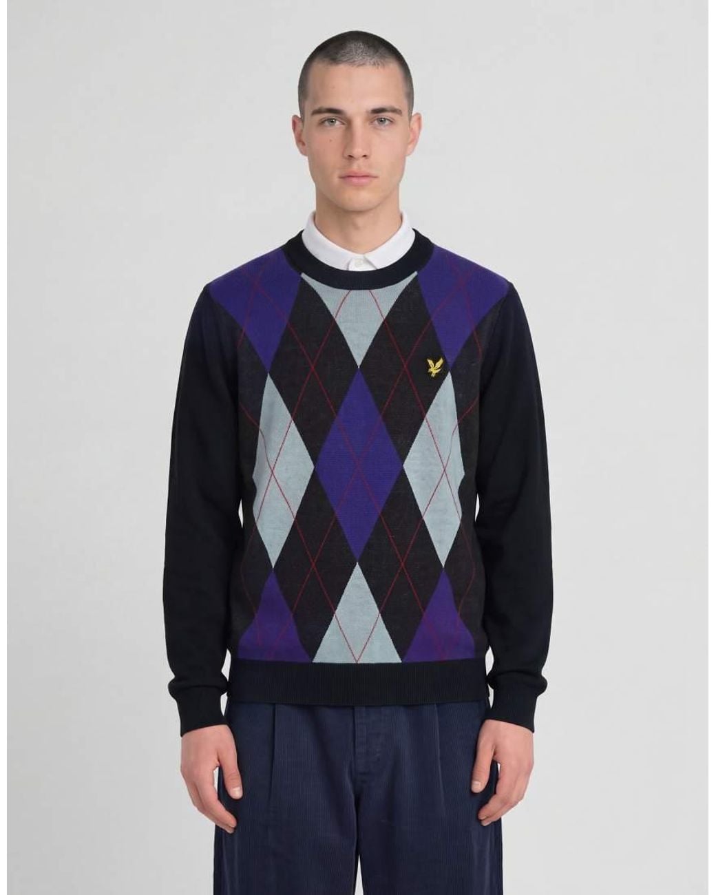 Lyle & Scott Blue Mid Knits Argyle Knitted Crew Neck Jumper for men