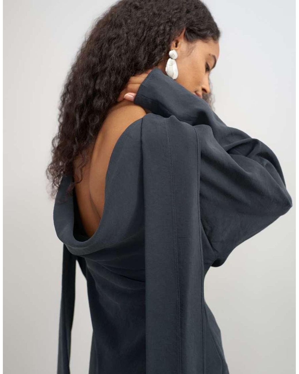 TOPSHOP Blue Cupro Long Sleeve Scarf Neck Cowl Back Mini Dress