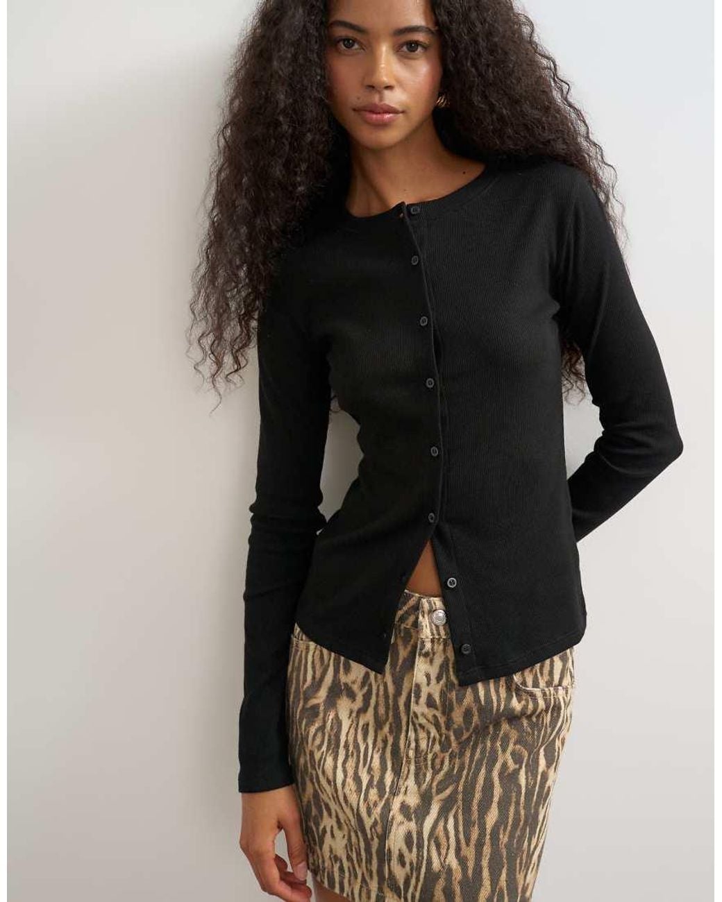 TOPSHOP Black Button Through Long Sleeve Top